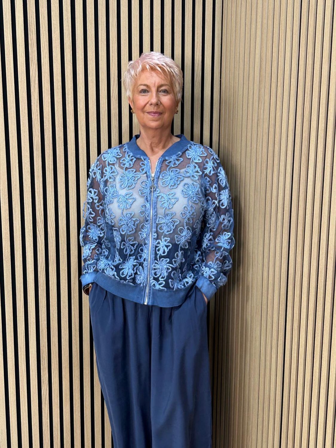 Embroidered Floral Mesh Bomber Jacket – Blue