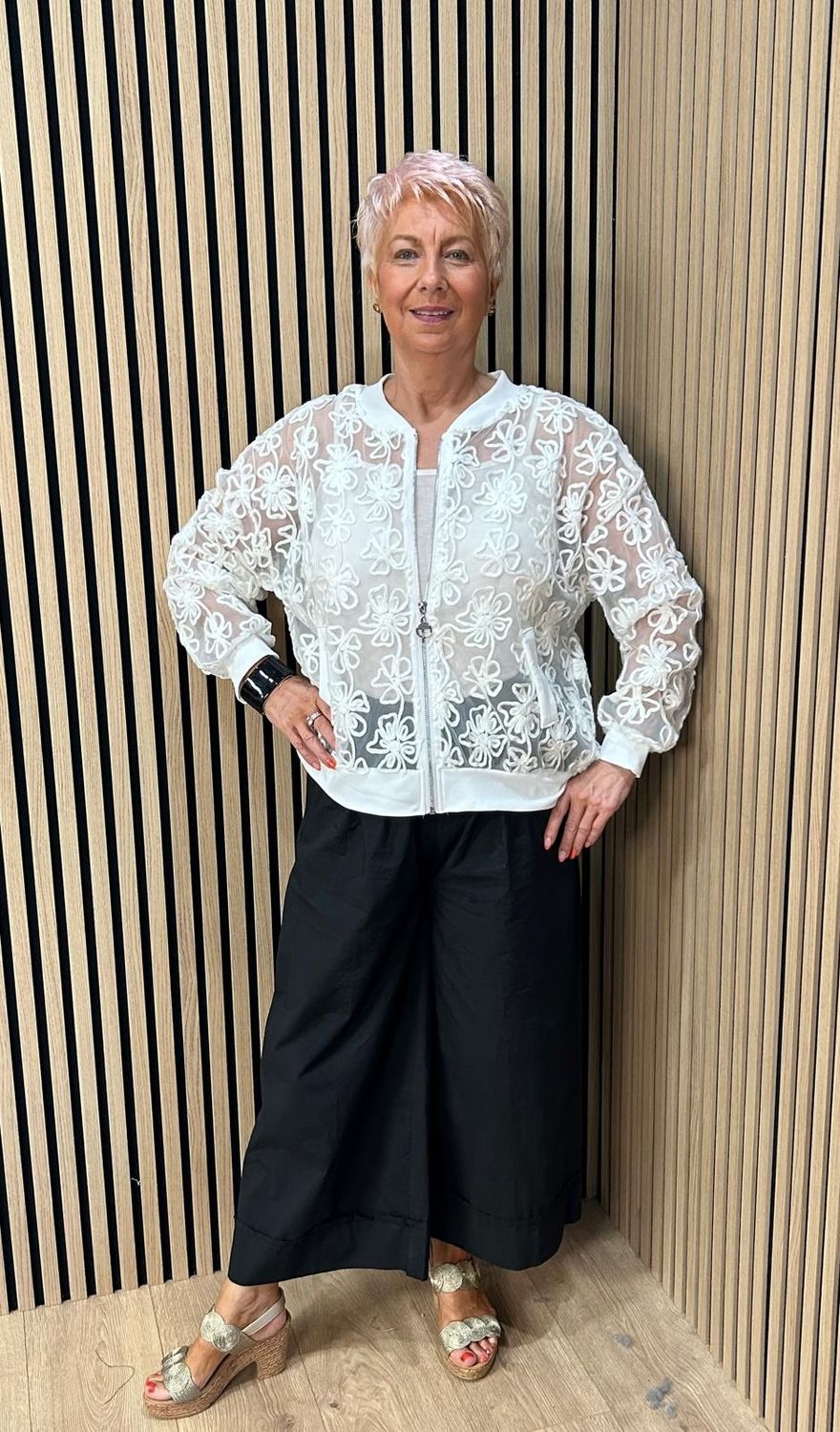 Embroidered Floral Mesh Bomber Jacket – White