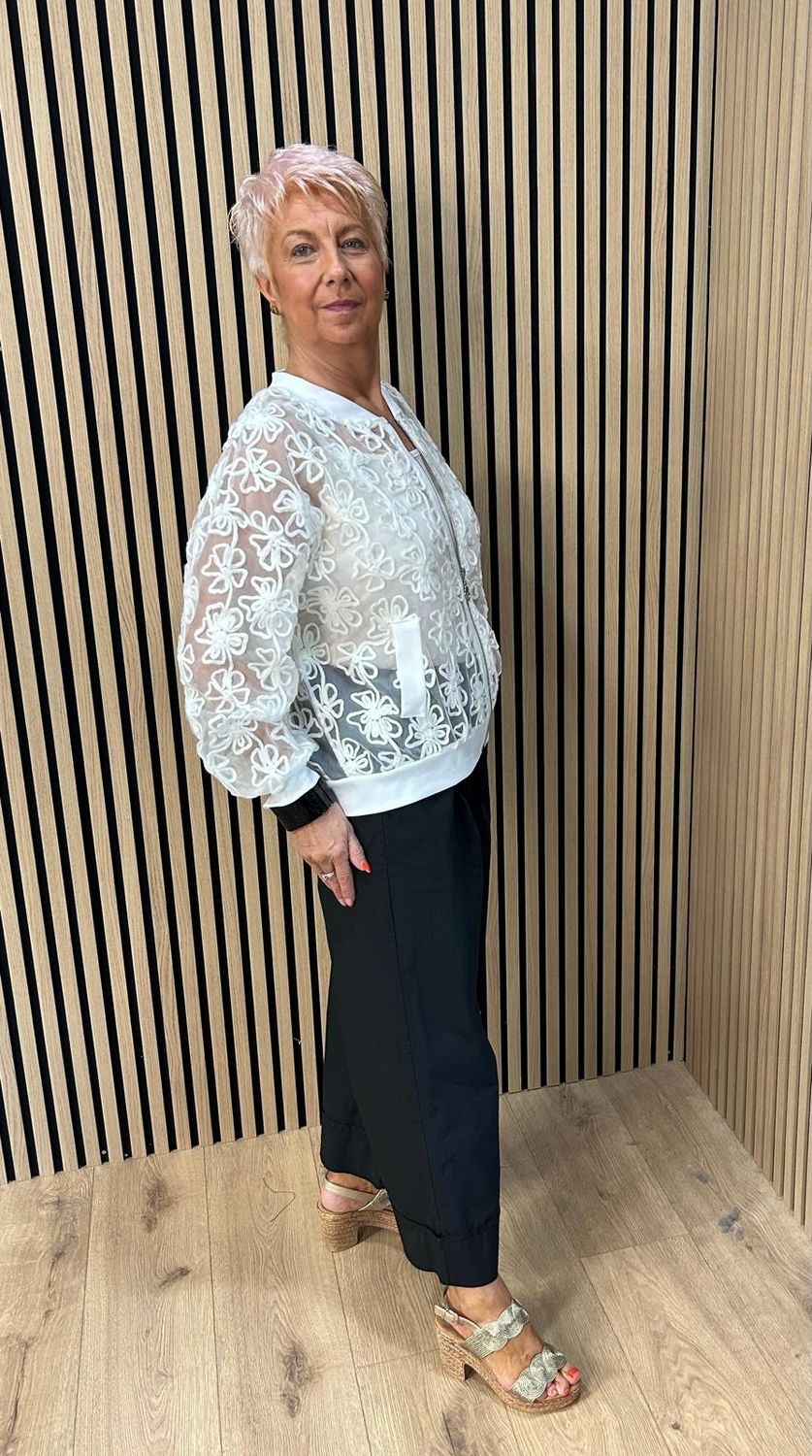 Embroidered Floral Mesh Bomber Jacket – White