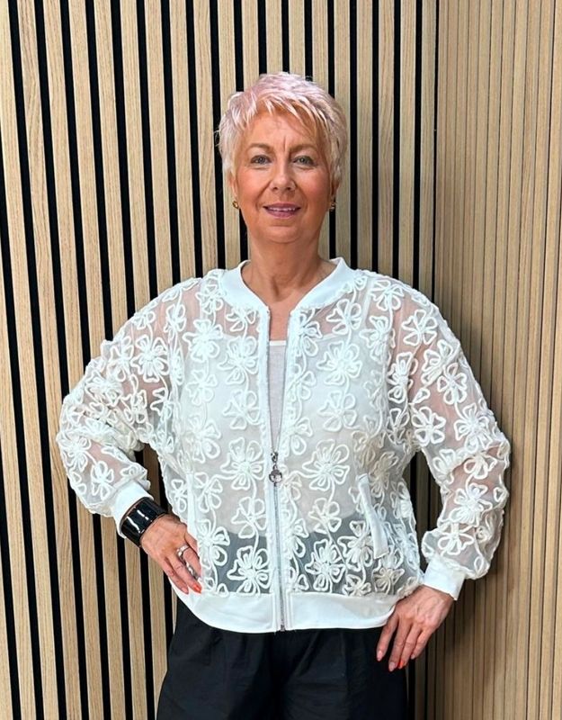 Embroidered Floral Mesh Bomber Jacket – White