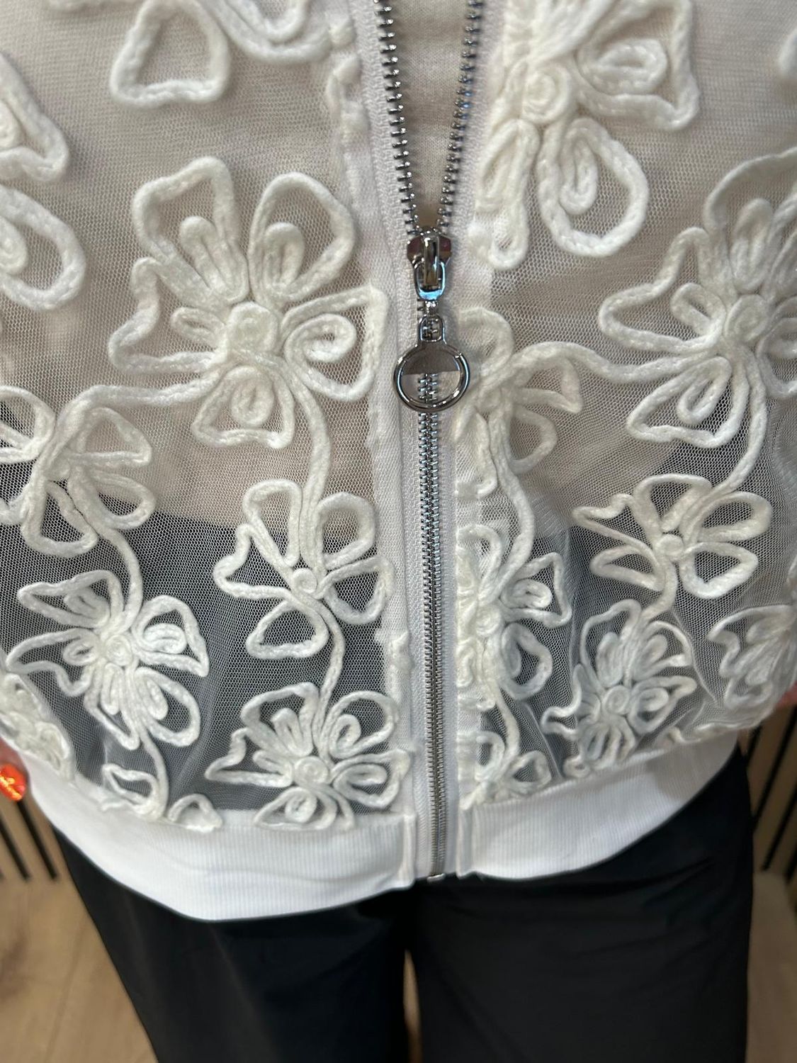Embroidered Floral Mesh Bomber Jacket – White