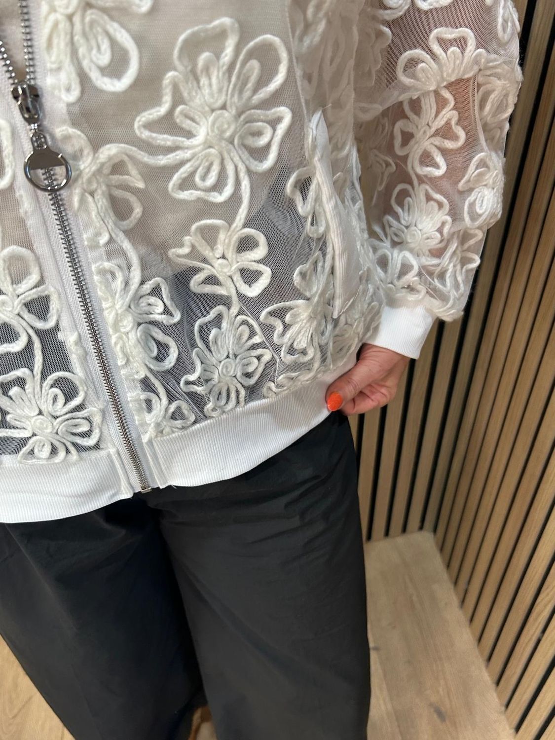 Embroidered Floral Mesh Bomber Jacket – White