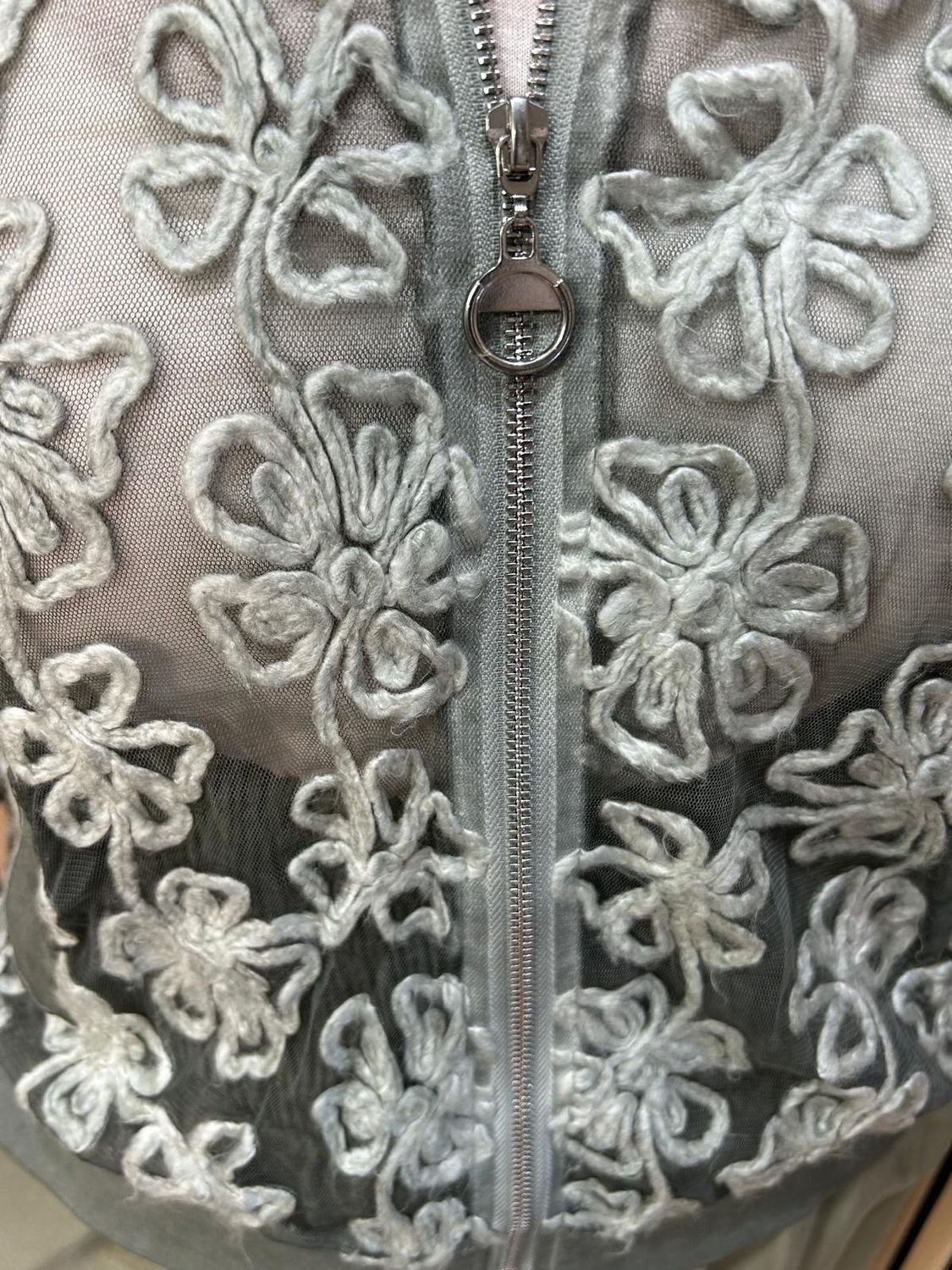 Embroidered Floral Mesh Bomber Jacket – Khaki