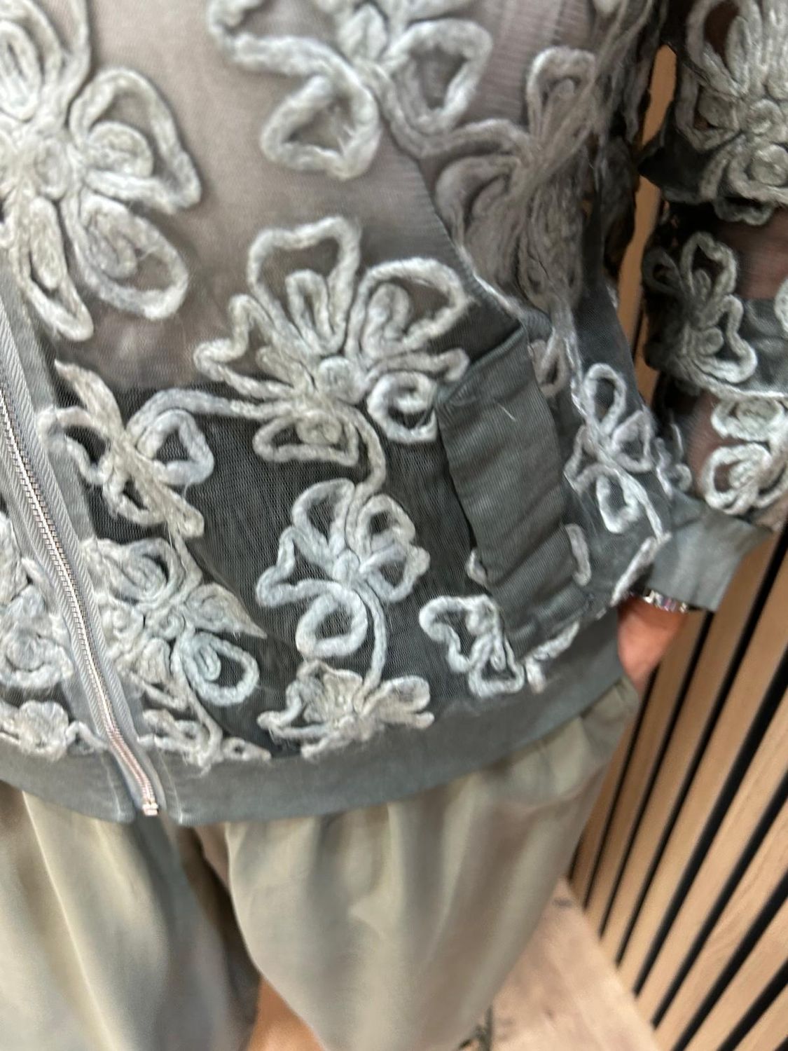 Embroidered Floral Mesh Bomber Jacket – Khaki