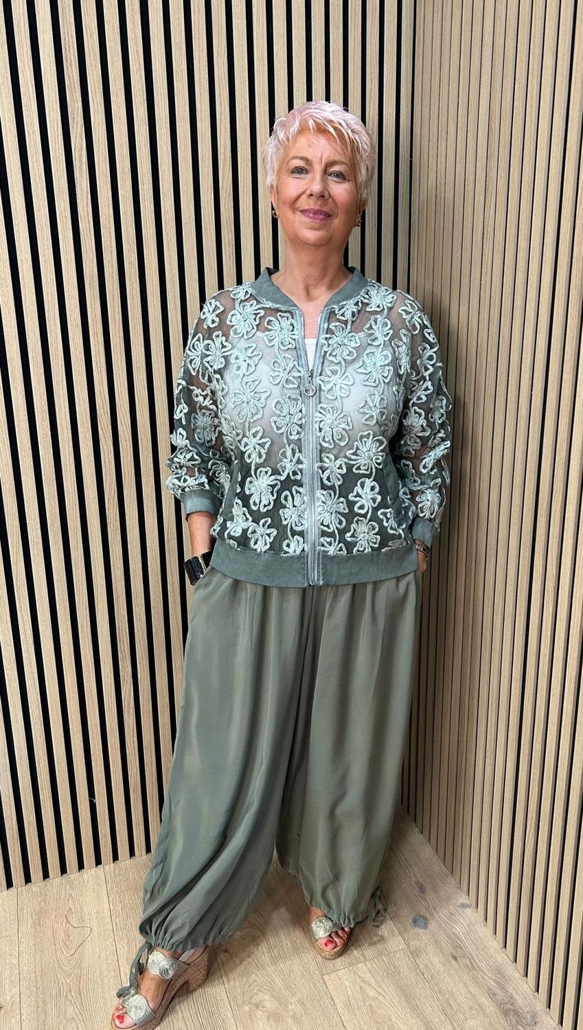Embroidered Floral Mesh Bomber Jacket – Khaki