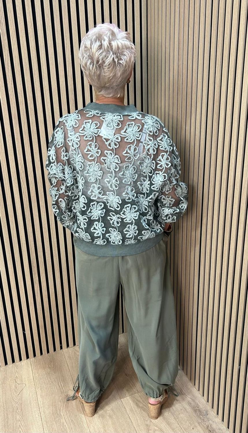 Embroidered Floral Mesh Bomber Jacket – Khaki