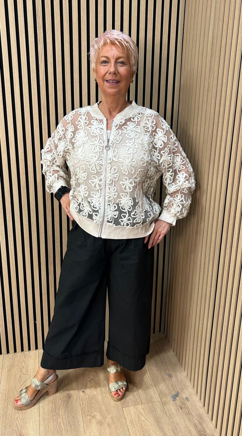 Embroidered Floral Mesh Bomber Jacket –Beige