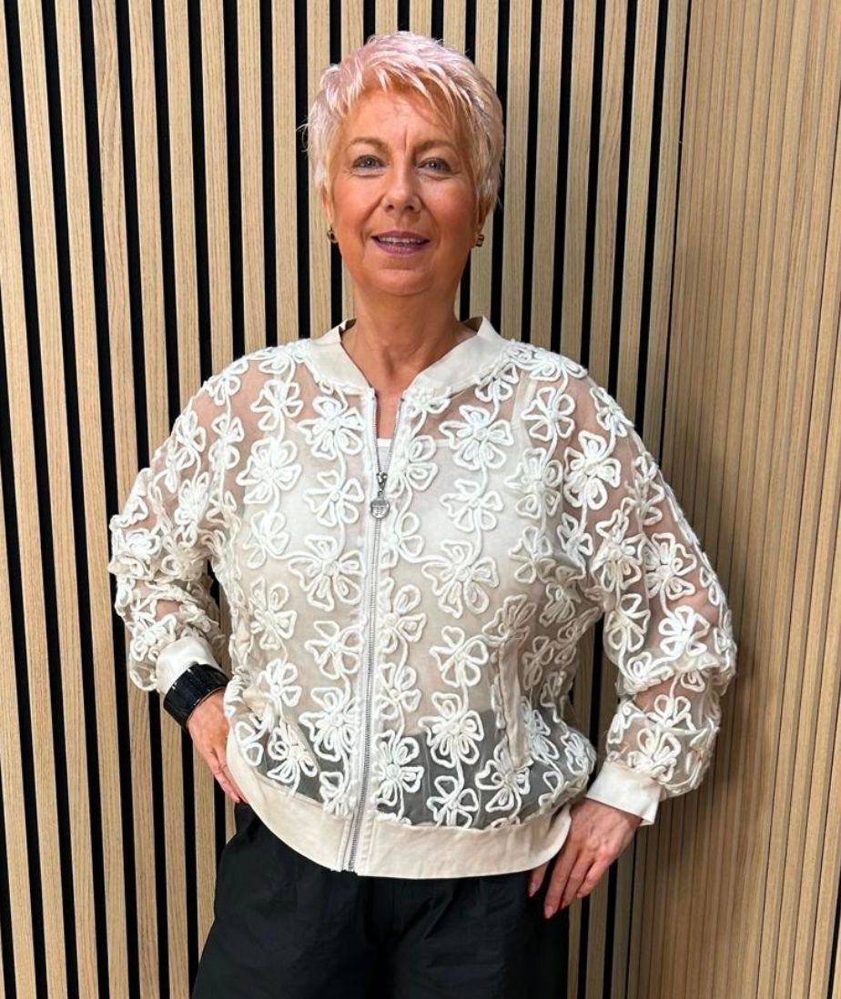Embroidered Floral Mesh Bomber Jacket –Beige