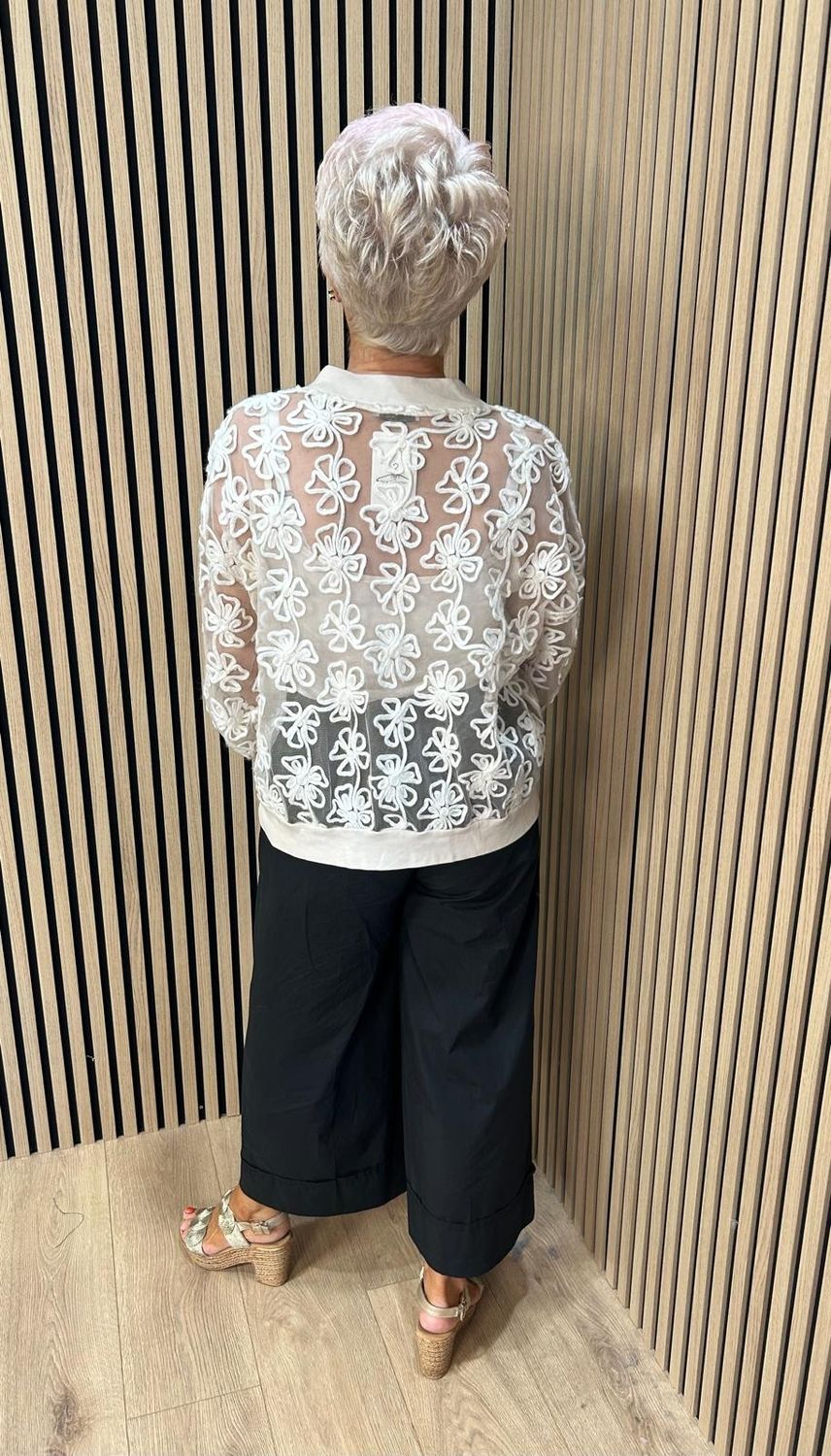 Embroidered Floral Mesh Bomber Jacket –Beige