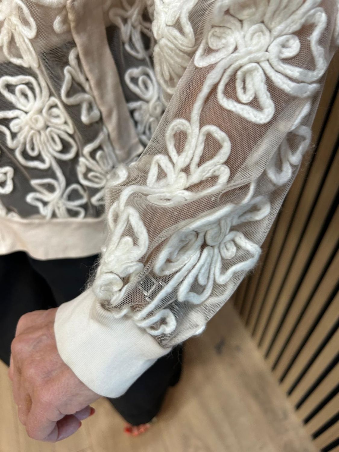 Embroidered Floral Mesh Bomber Jacket –Beige