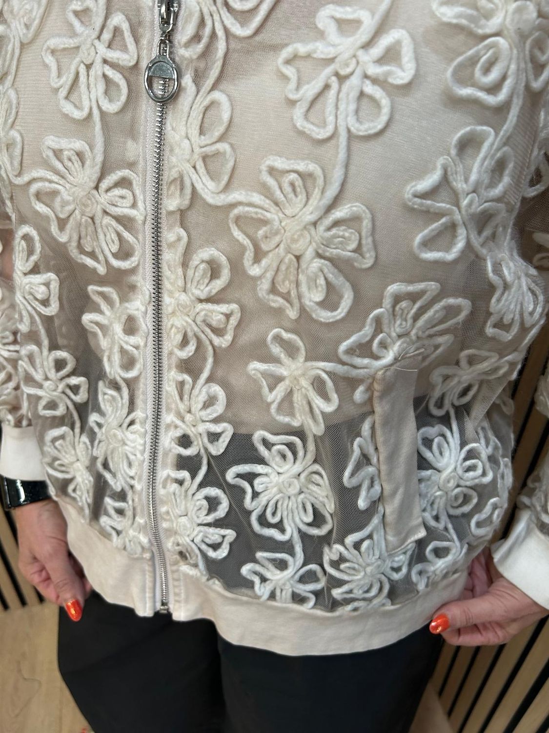 Embroidered Floral Mesh Bomber Jacket –Beige