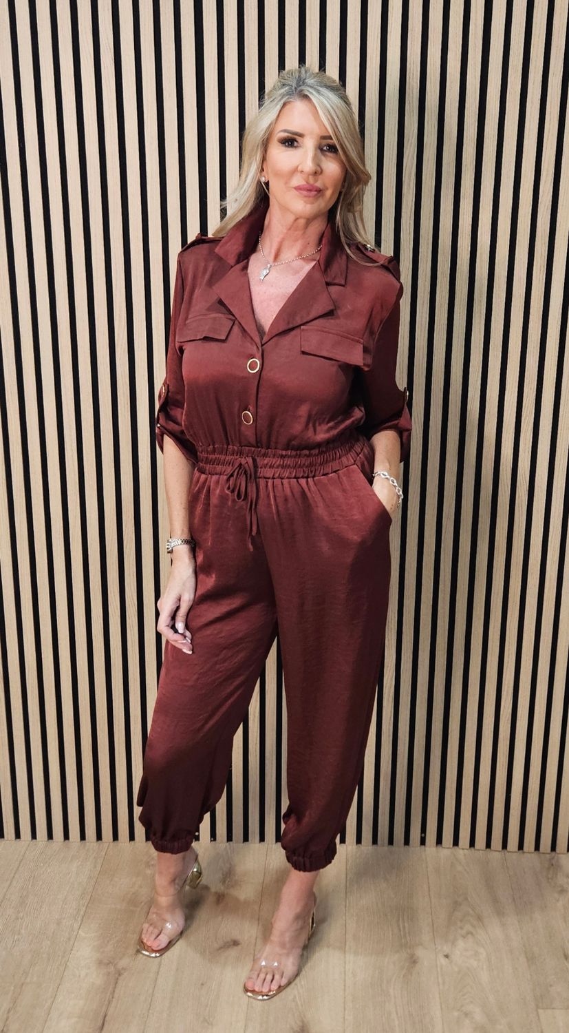 Satin Effect Utility Jumpsuit – Rust