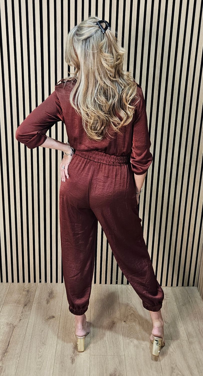 Satin Effect Utility Jumpsuit – Rust