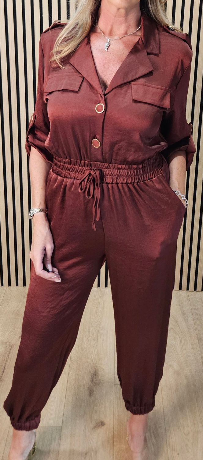 Satin Effect Utility Jumpsuit – Rust