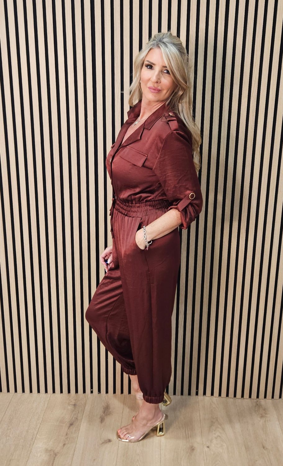 Satin Effect Utility Jumpsuit – Rust