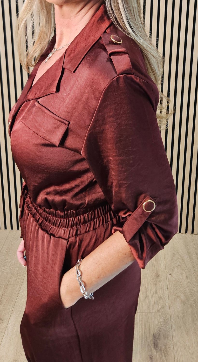 Satin Effect Utility Jumpsuit – Rust