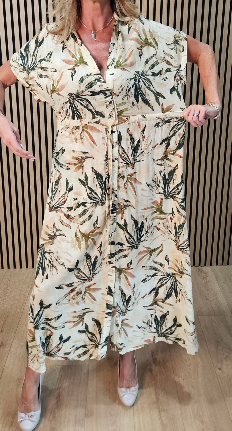 Tropical Leaf Print Maxi Shirt Dress