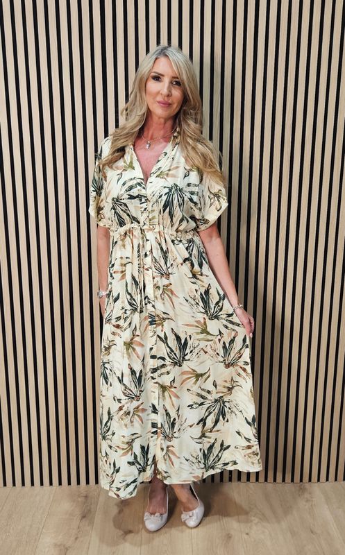Tropical Leaf Print Maxi Shirt Dress