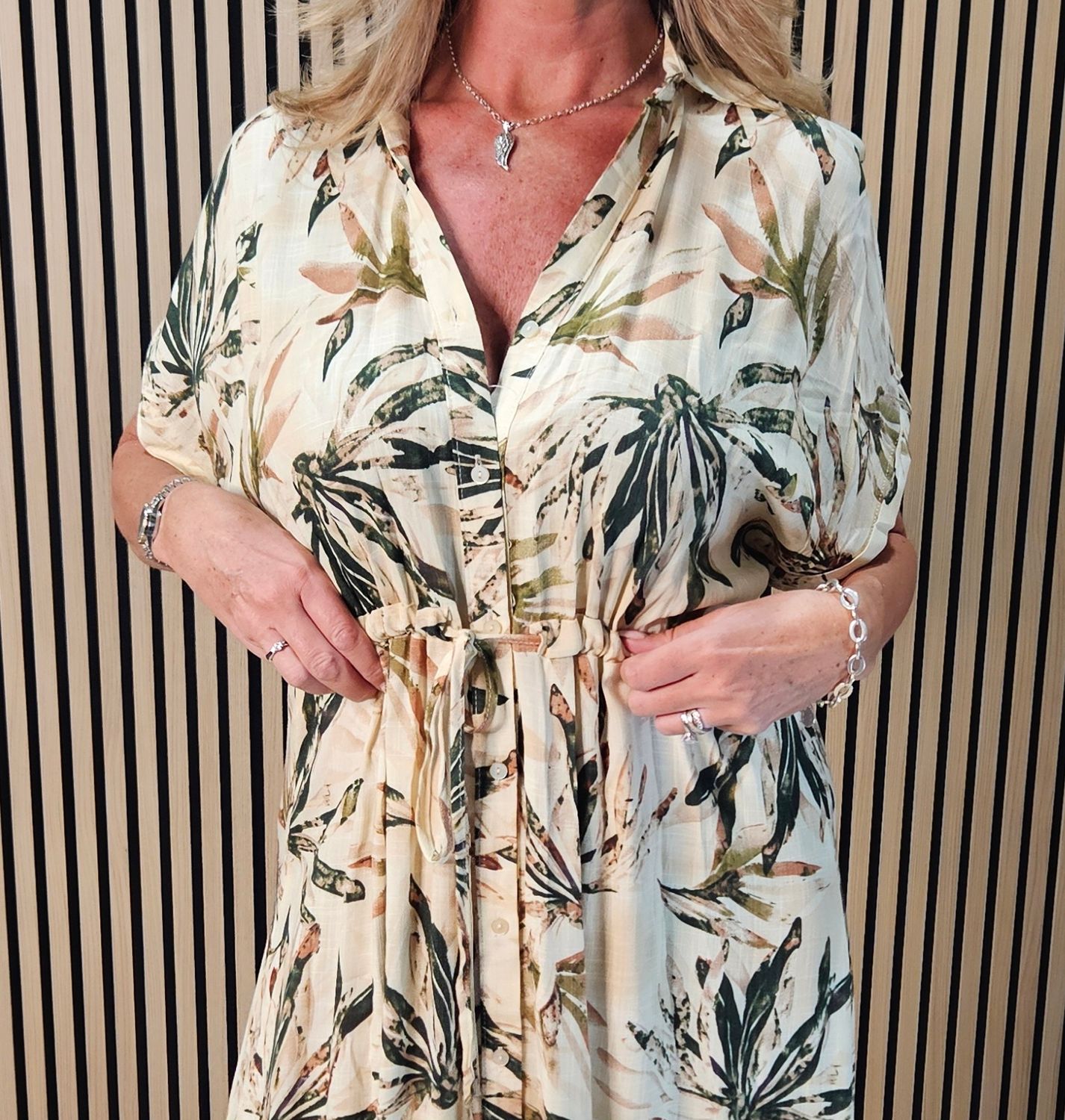 Tropical Leaf Print Maxi Shirt Dress