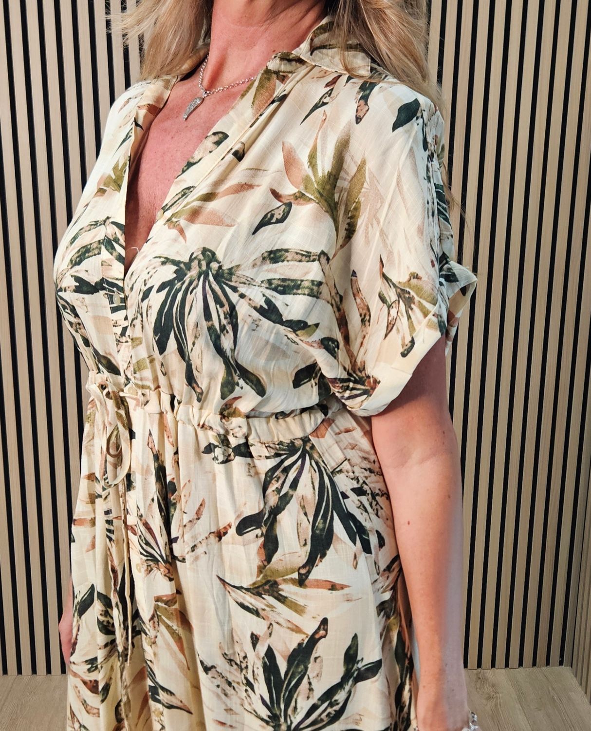 Tropical Leaf Print Maxi Shirt Dress