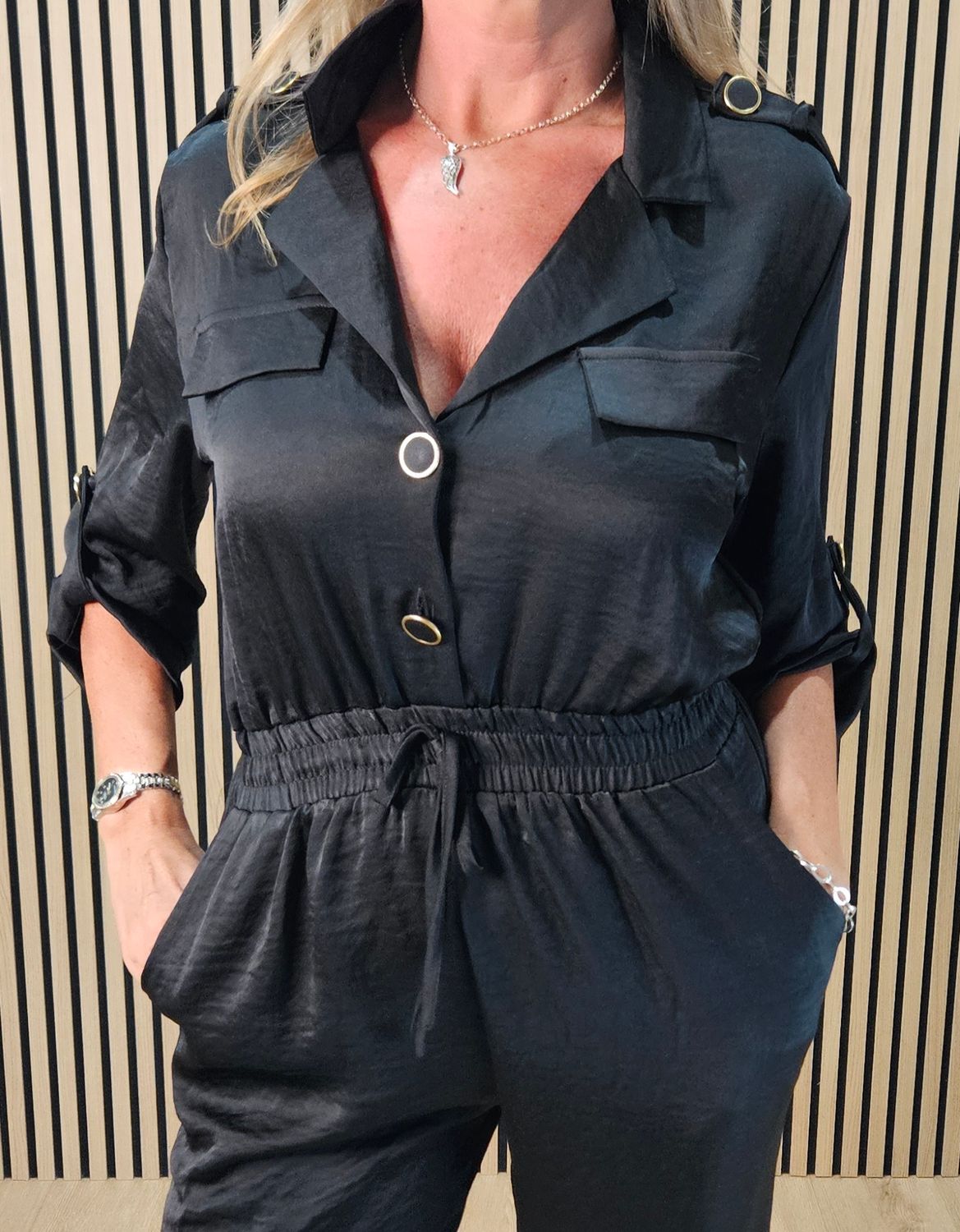 Satin Effect Utility Jumpsuit – Black