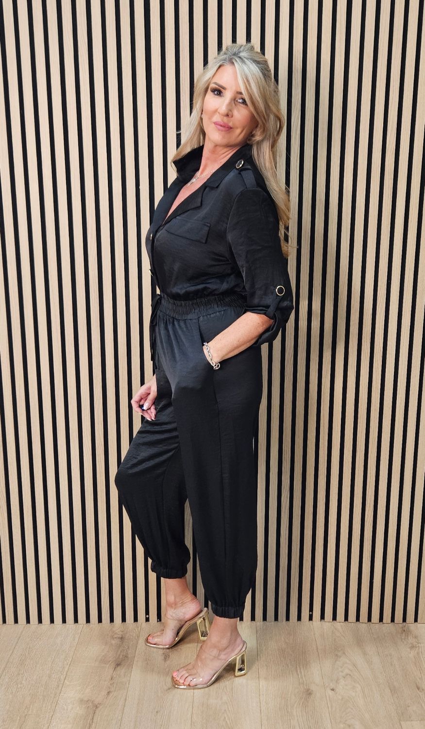 Satin Effect Utility Jumpsuit – Black