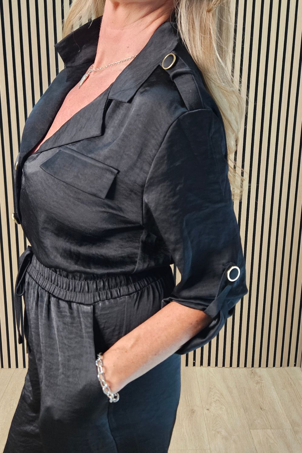 Satin Effect Utility Jumpsuit – Black