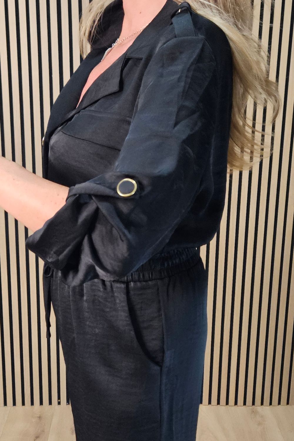 Satin Effect Utility Jumpsuit – Black