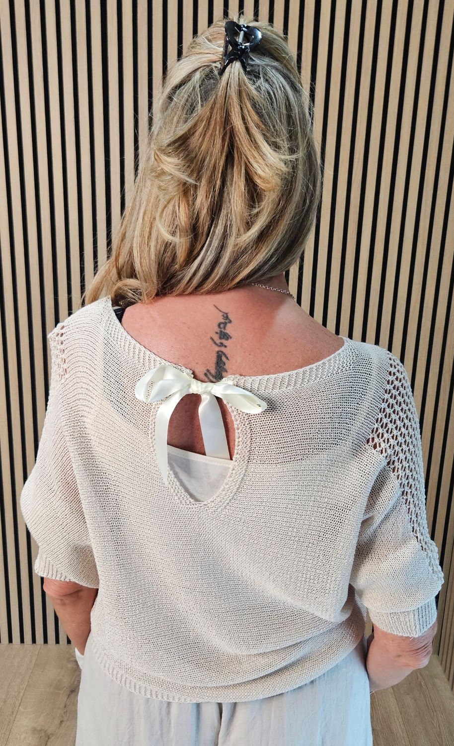 Open Knit Tie Back Jumper – Stone