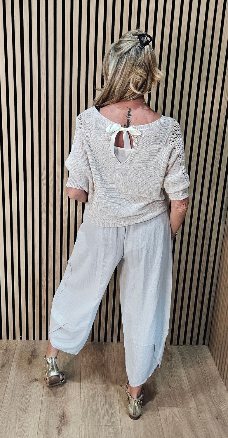 Open Knit Tie Back Jumper – Stone