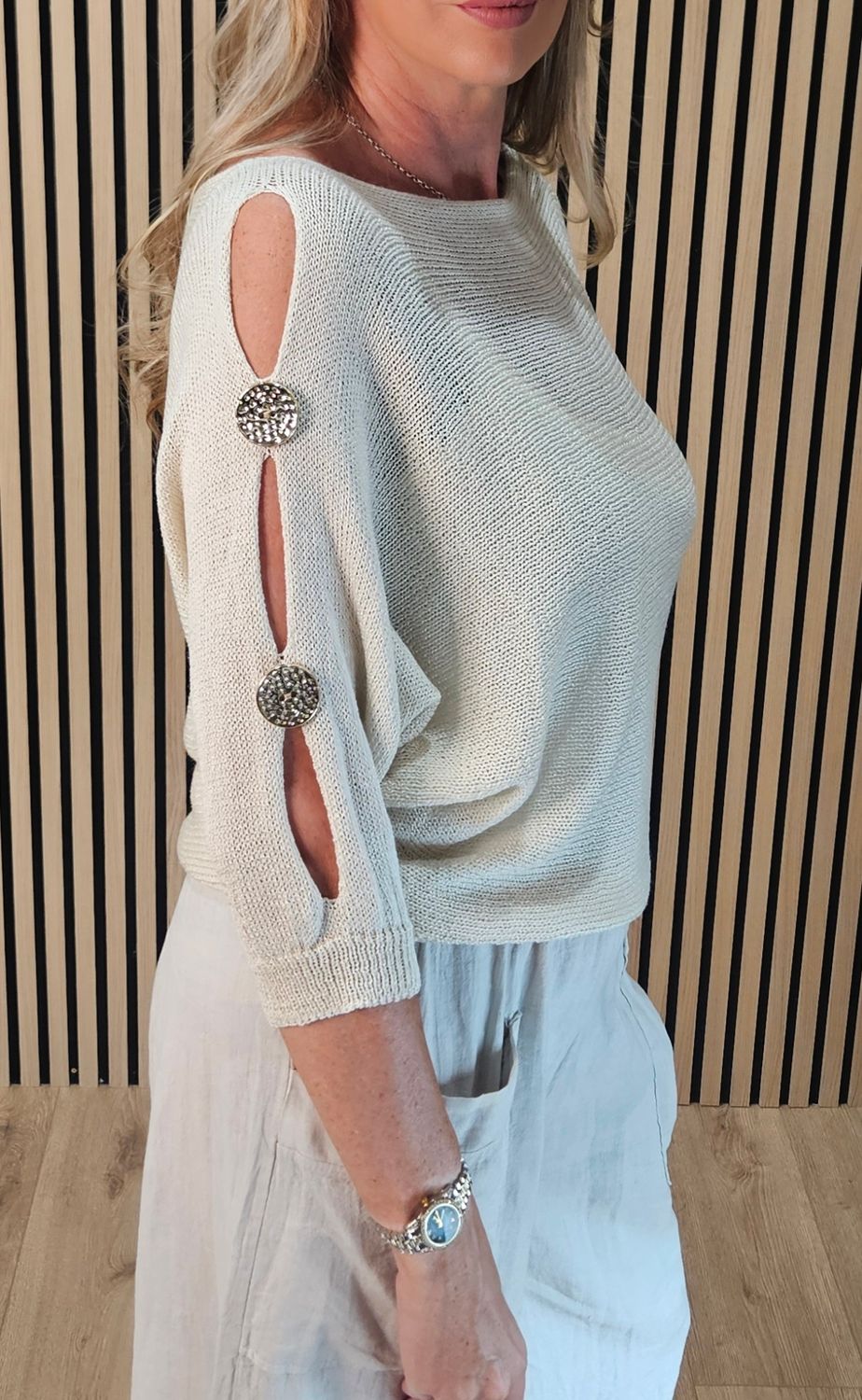 Button Detail Sleeve Knit Jumper – Stone
