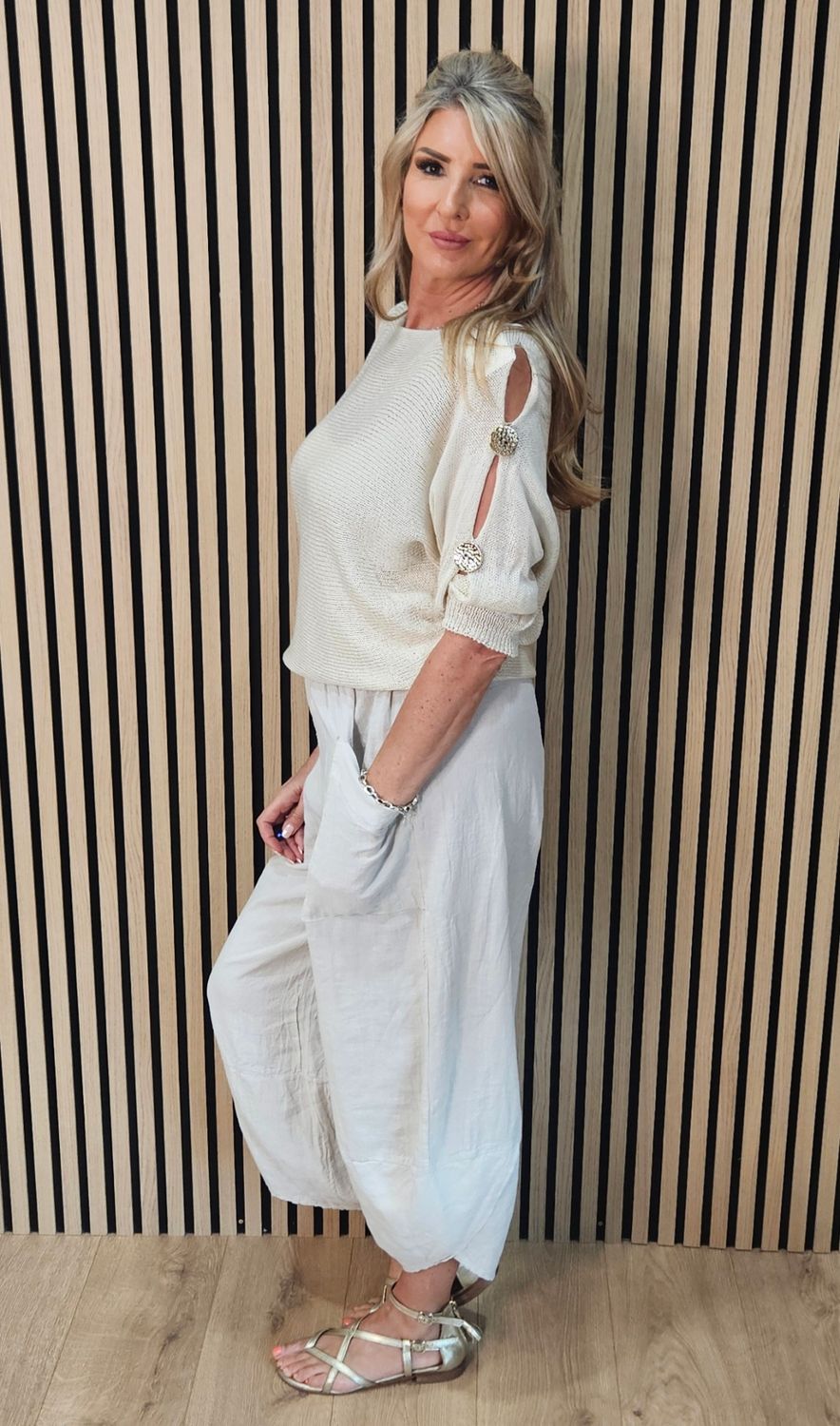 Button Detail Sleeve Knit Jumper – Stone
