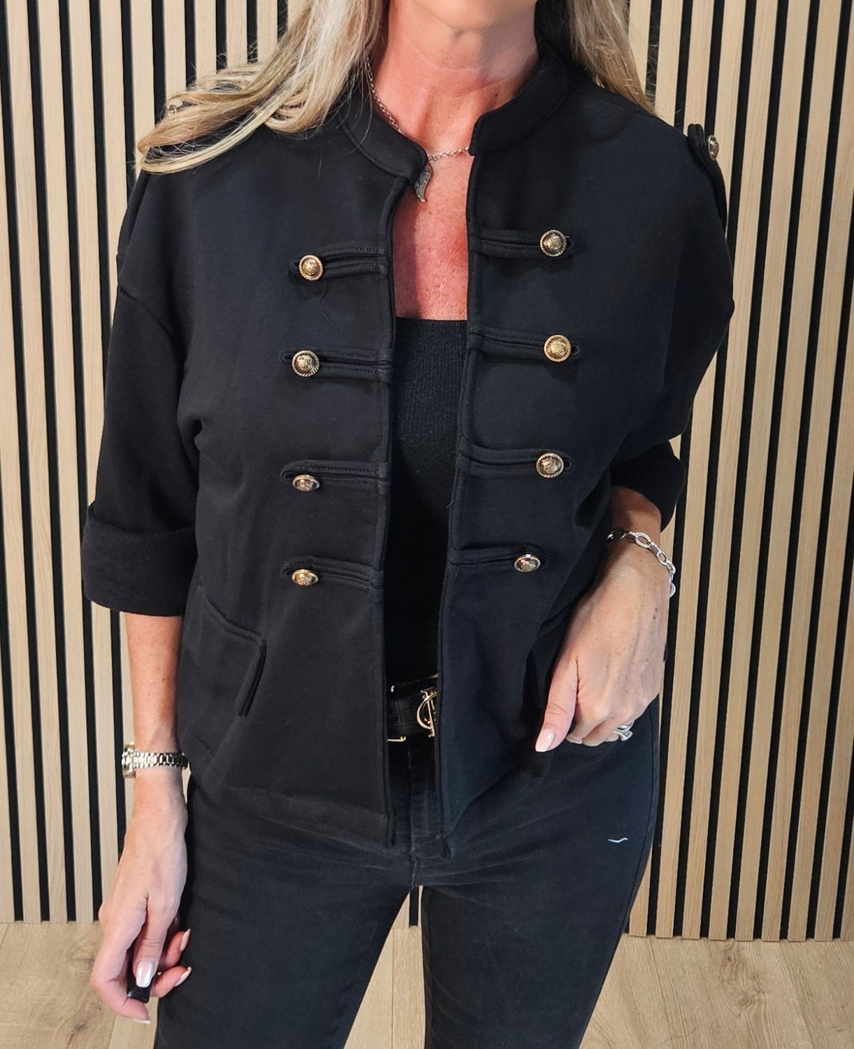 Military Style Button Detail Jacket –  Black