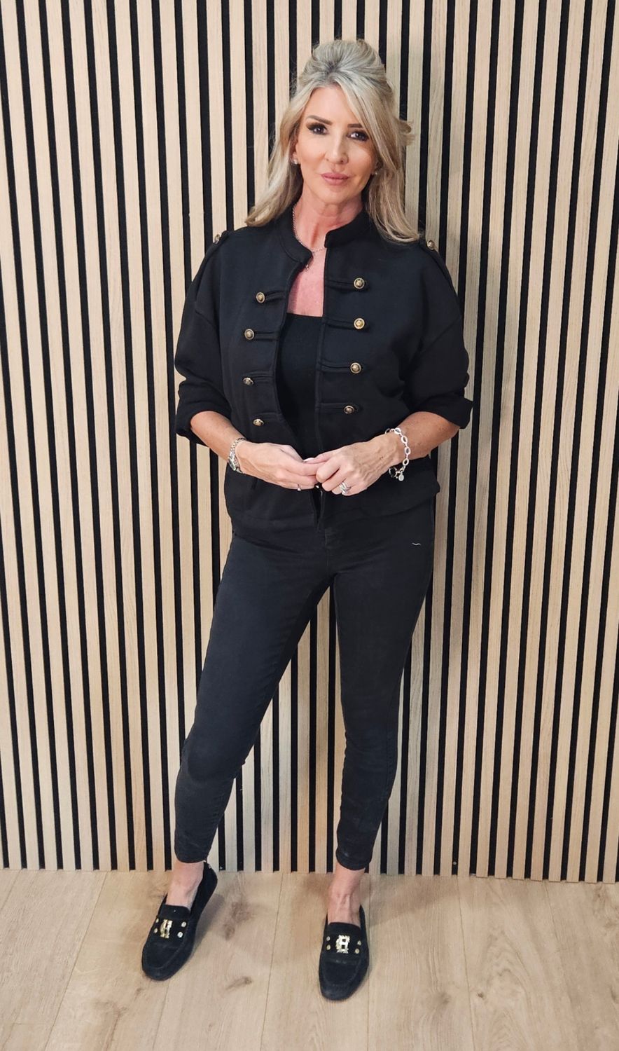 Military Style Button Detail Jacket –  Black