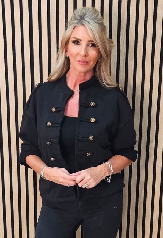 Military Style Button Detail Jacket –  Black