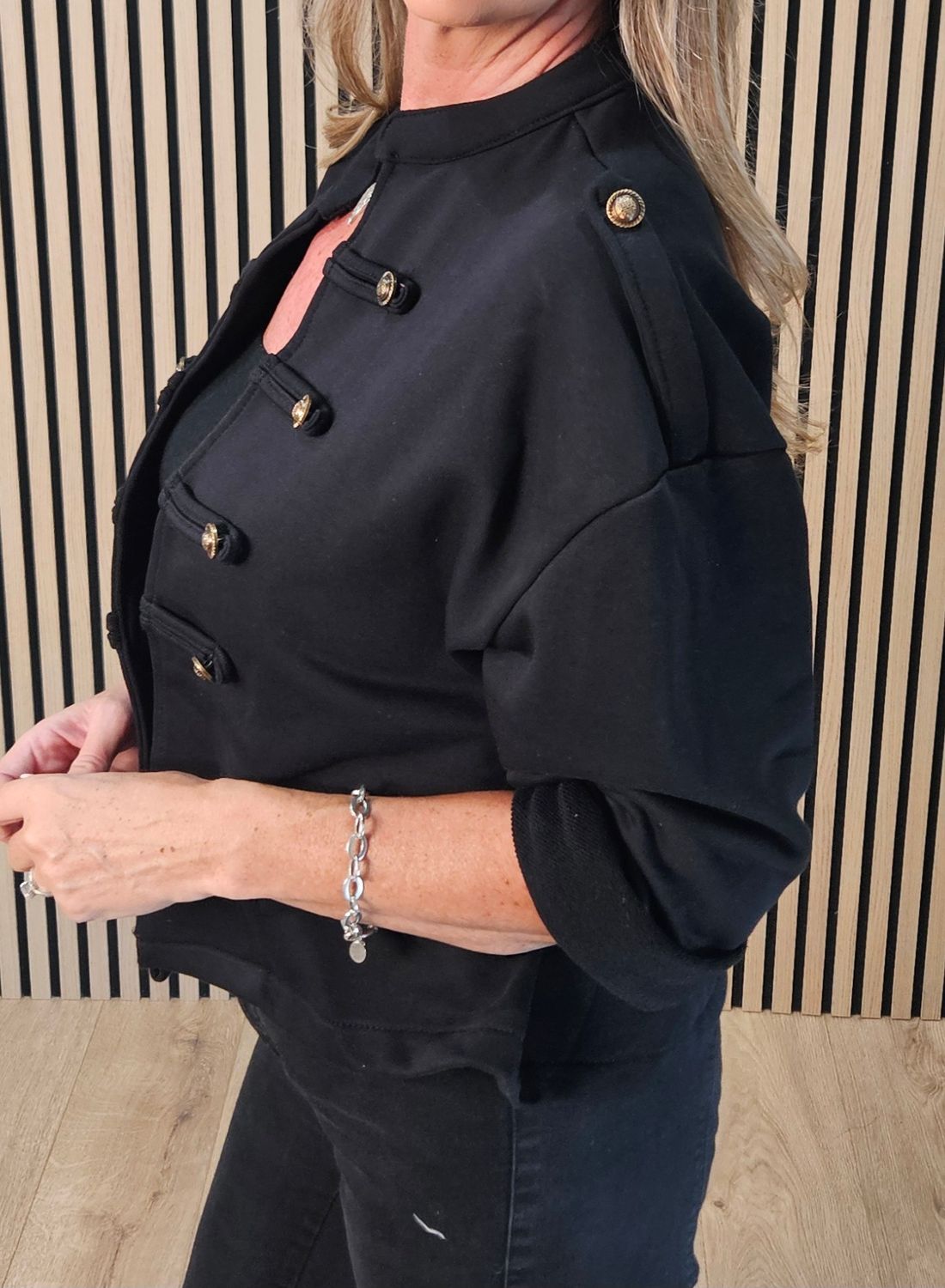 Military Style Button Detail Jacket –  Black