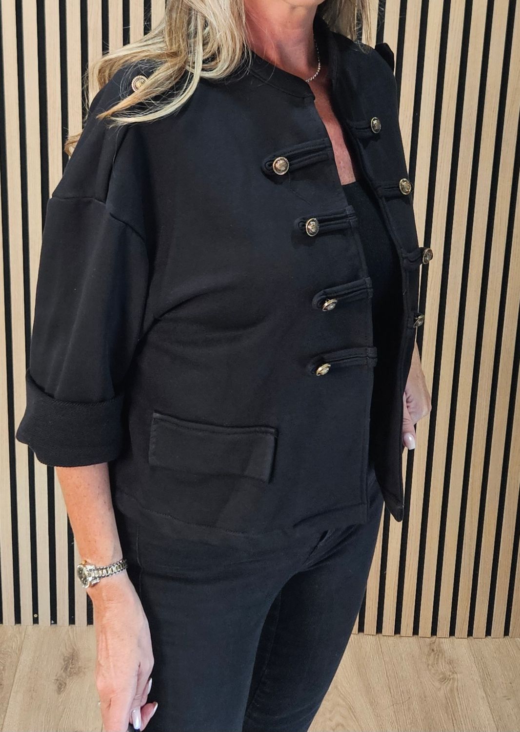 Military Style Button Detail Jacket –  Black