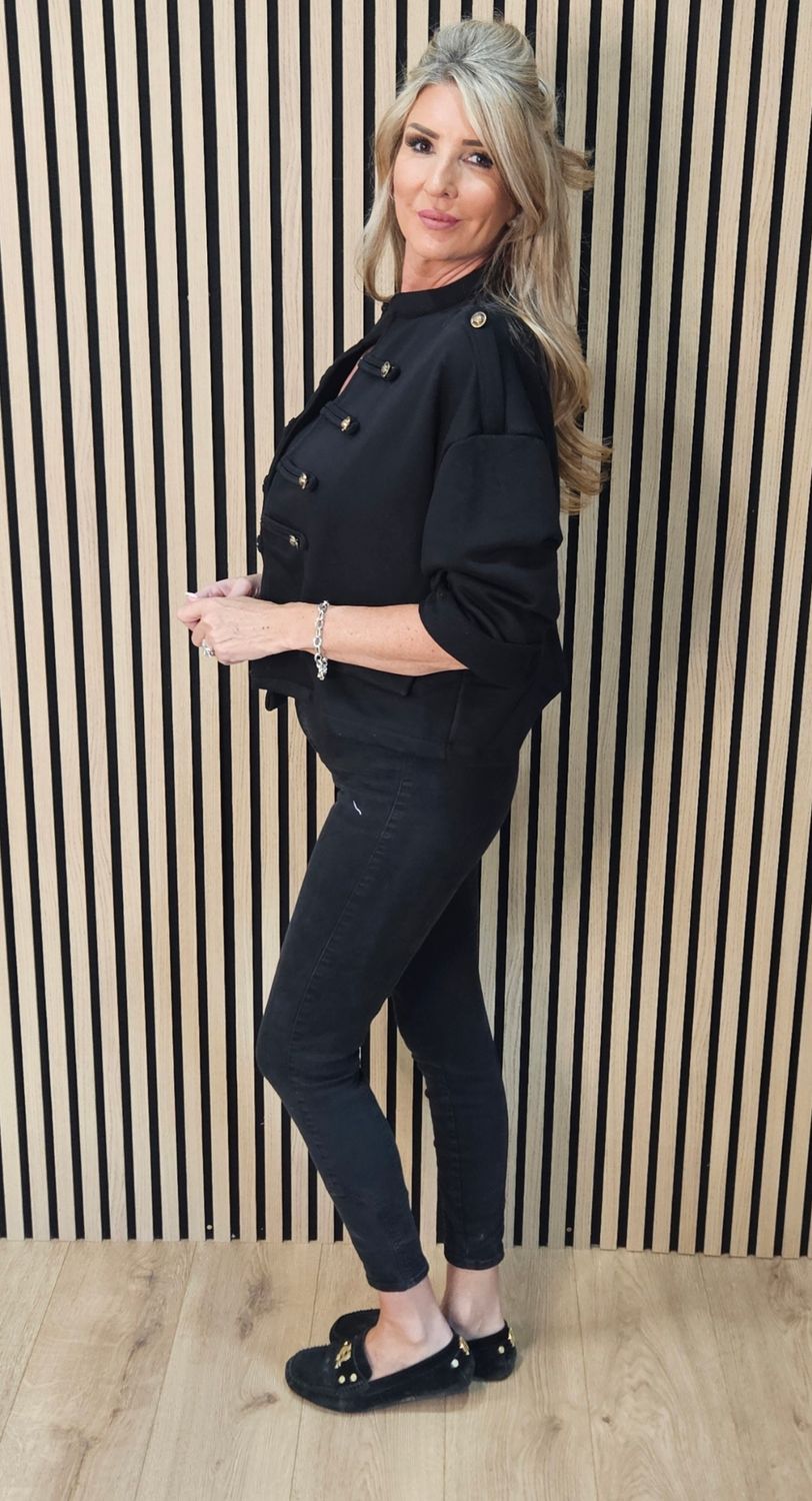 Military Style Button Detail Jacket –  Black