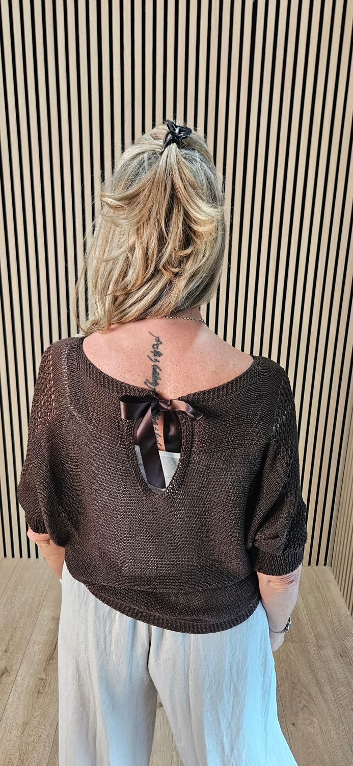 Open Knit Tie Back Jumper – Chocolate