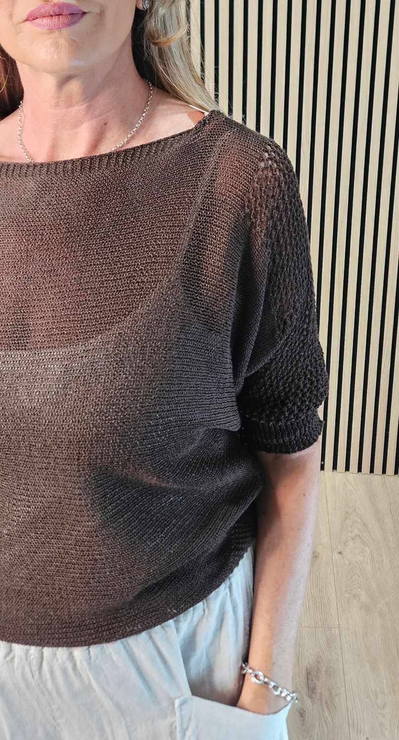 Open Knit Tie Back Jumper – Chocolate