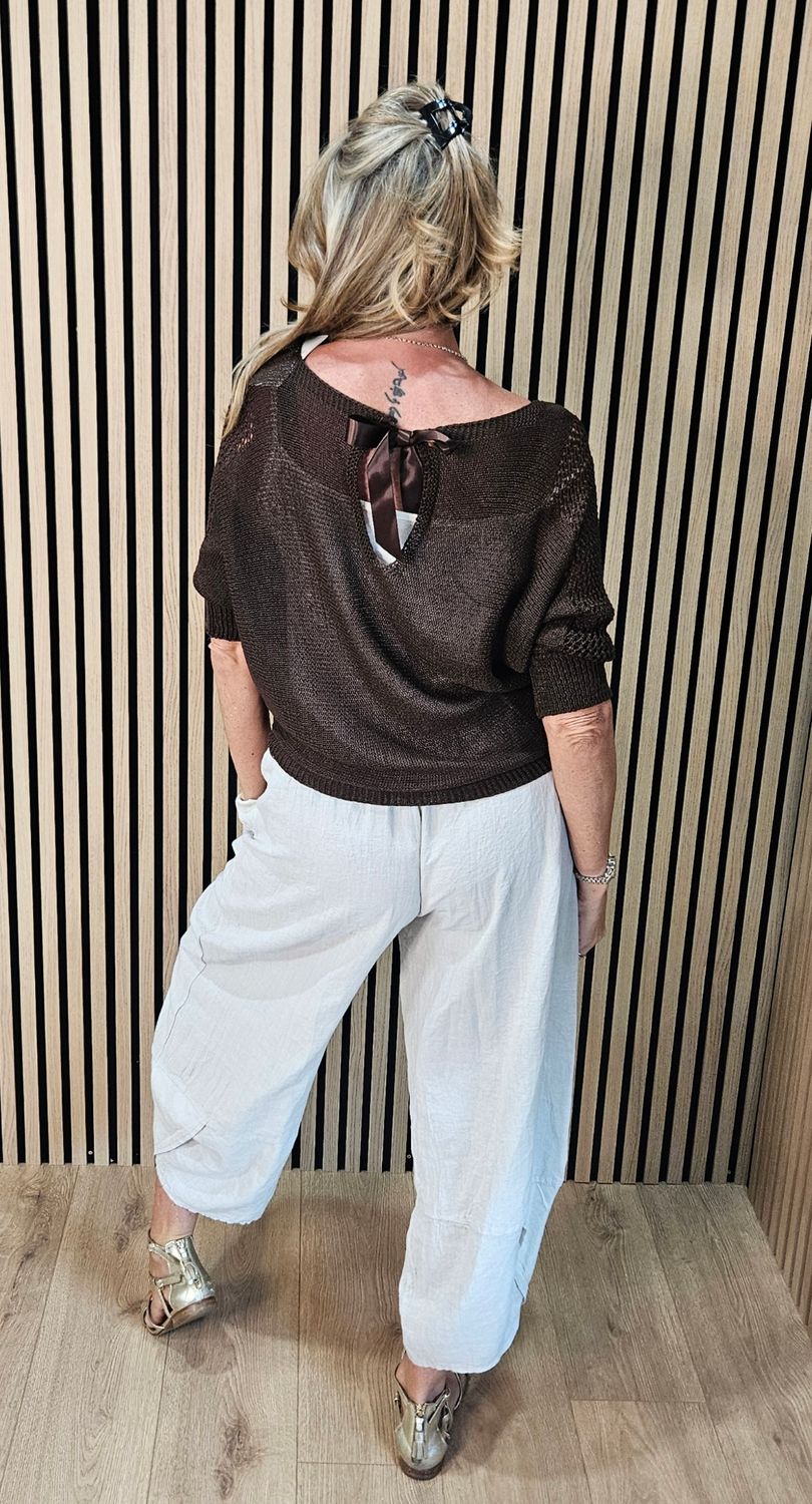 Open Knit Tie Back Jumper – Chocolate