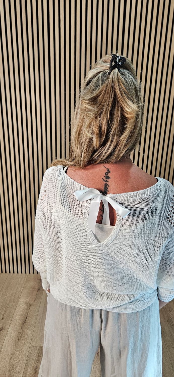 Open Knit Tie Back Jumper - White