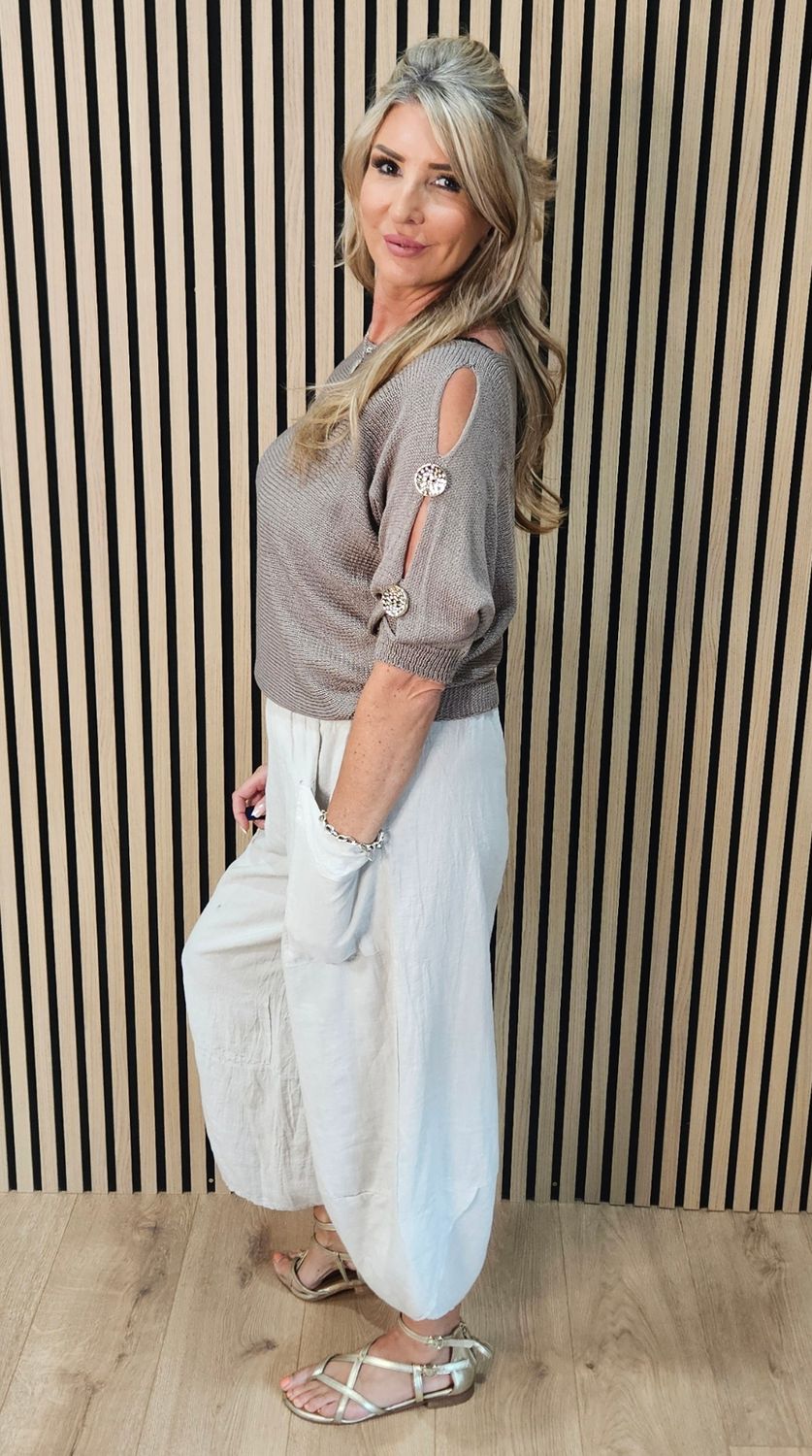 Button Detail Sleeve Knit Jumper – Taupe