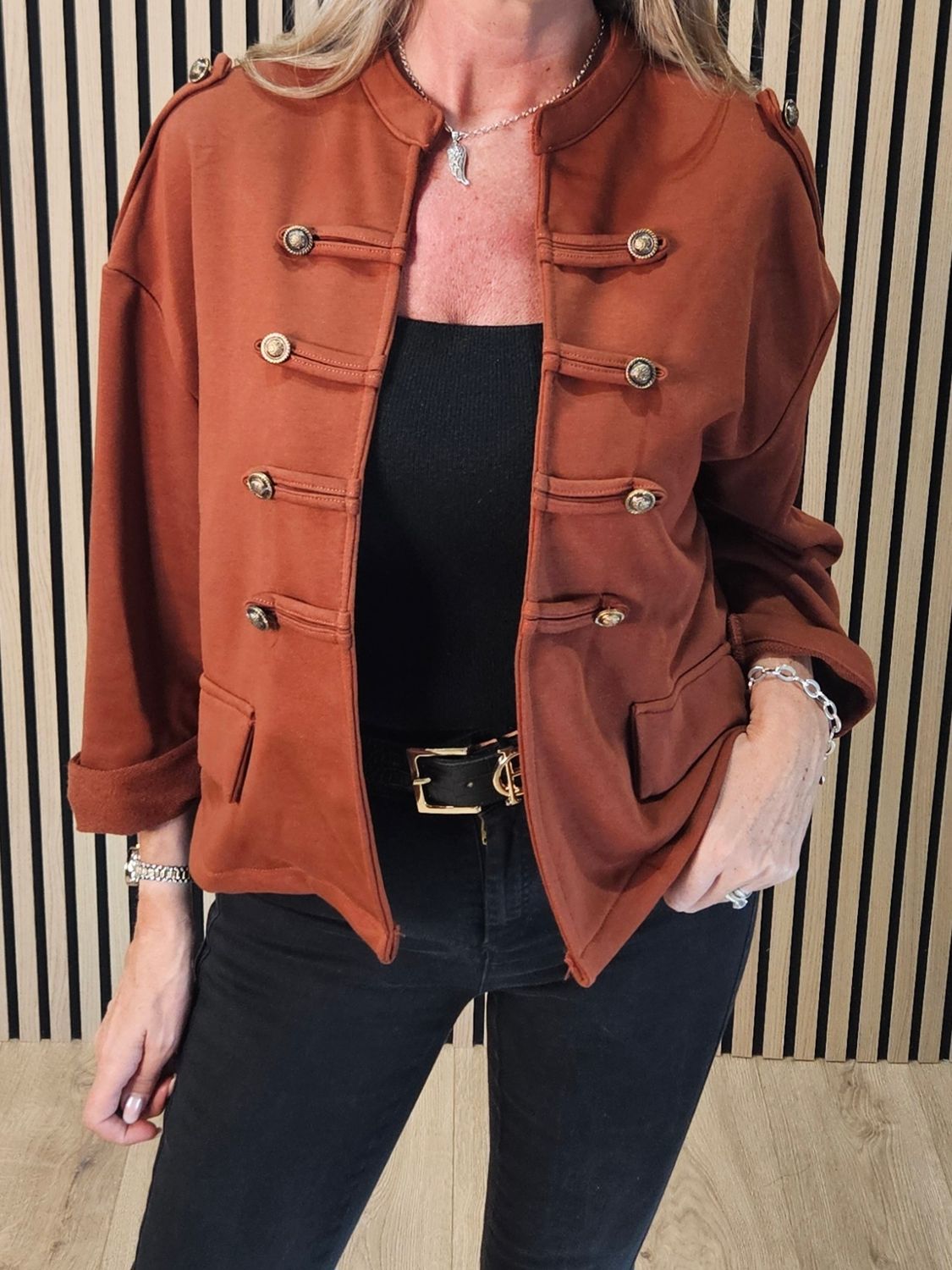 Military Style Button Detail Jacket - Rust