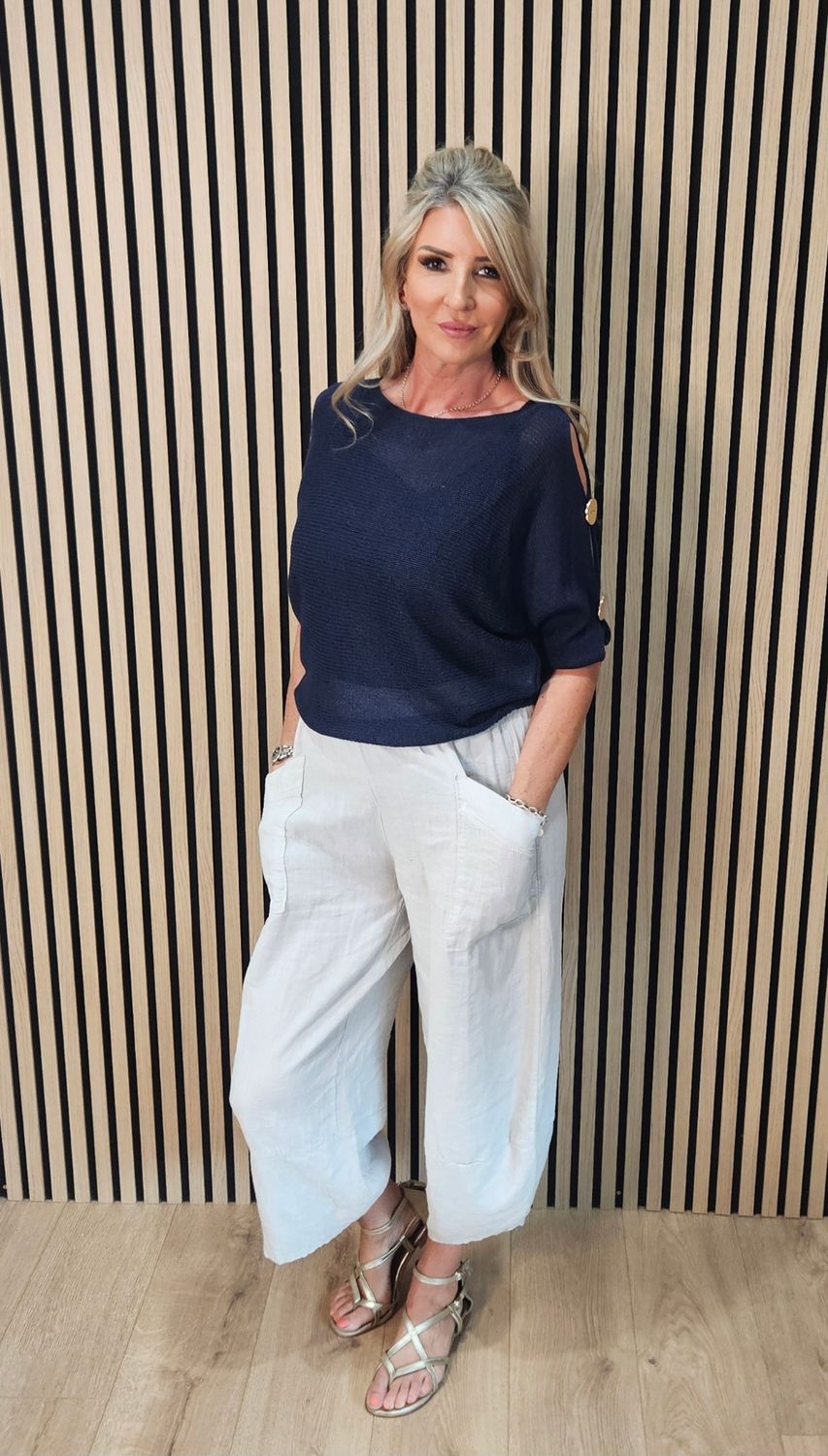 Button Detail Sleeve Knit Jumper – Navy