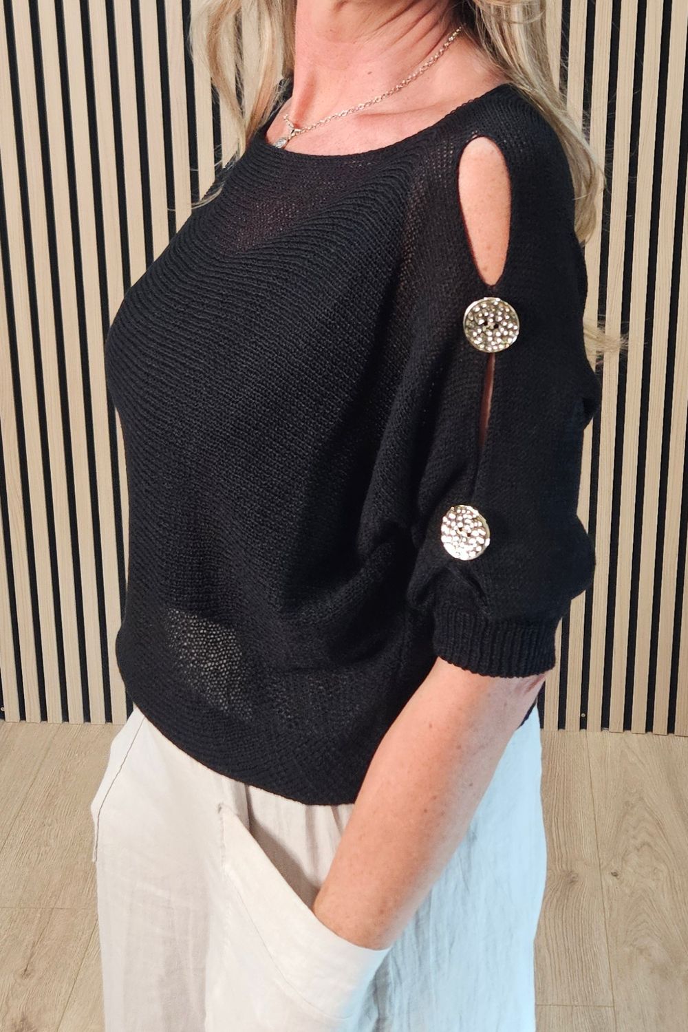 Button Detail Sleeve Knit Jumper – Black