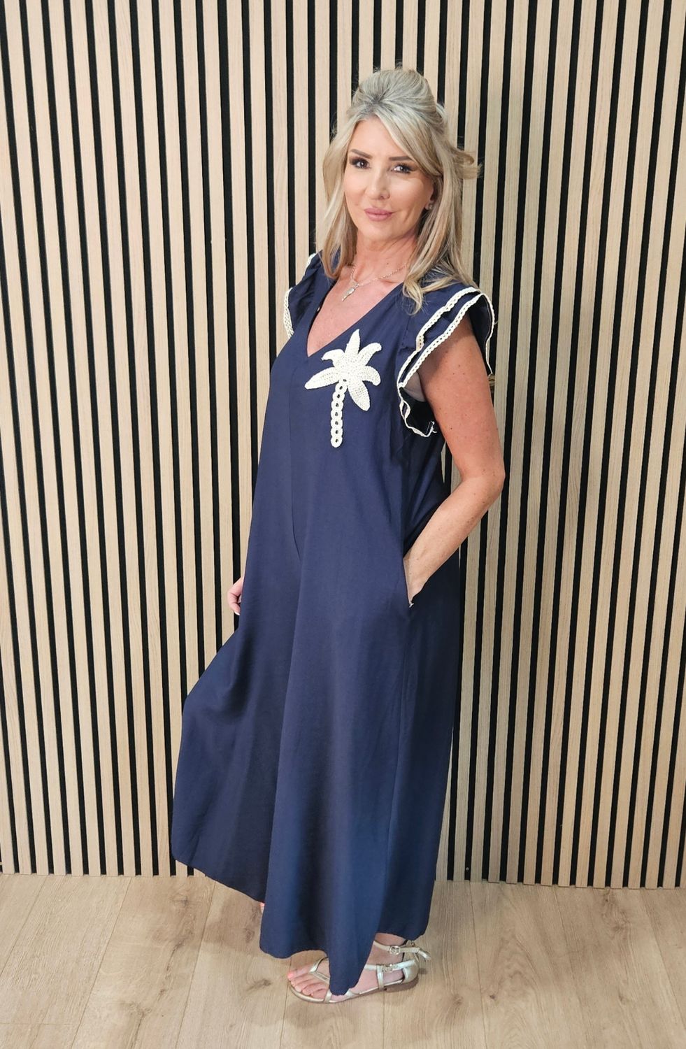 Palm Tree Crochet Detail Wide Leg Jumpsuit – Navy