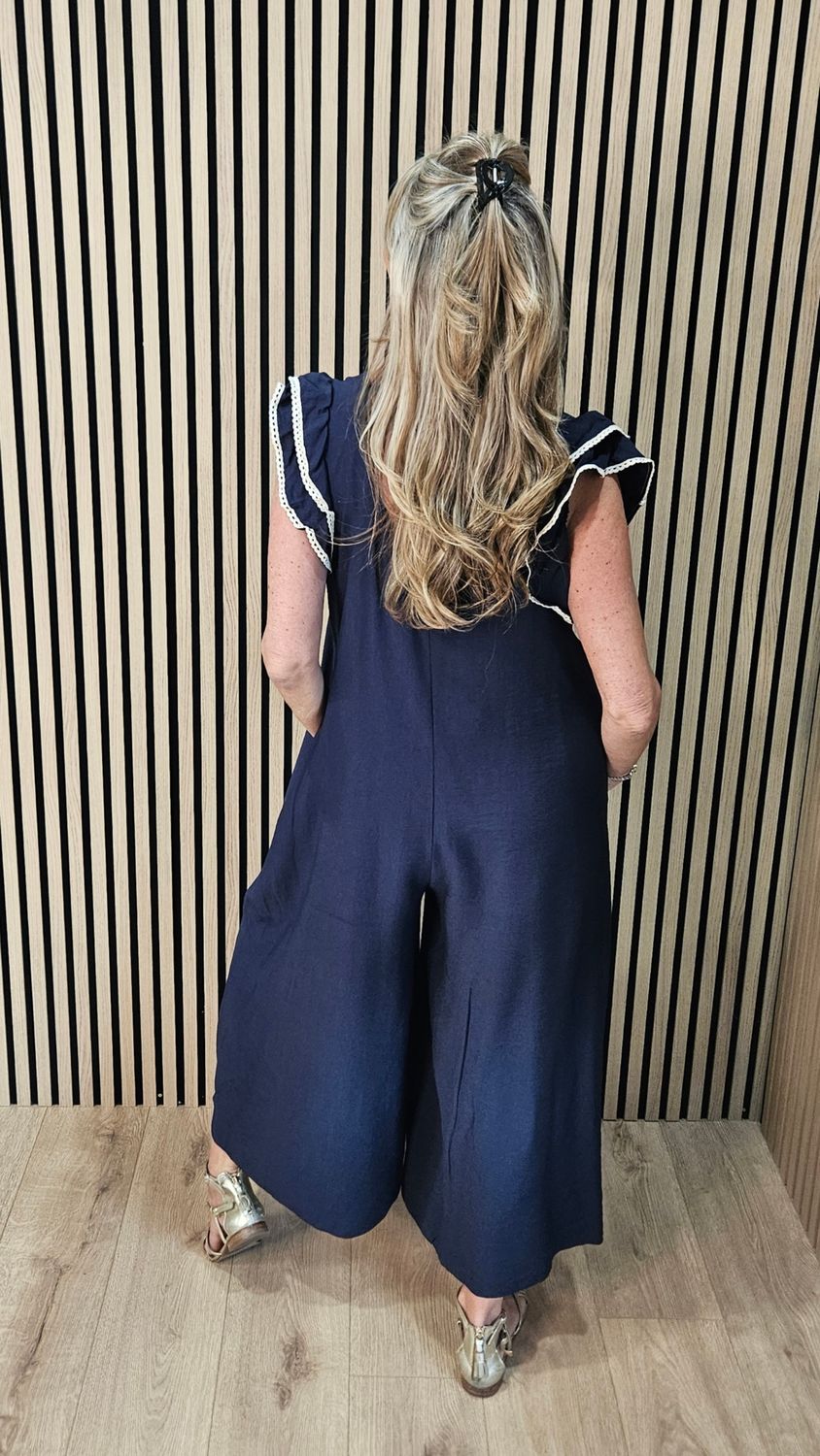 Palm Tree Crochet Detail Wide Leg Jumpsuit – Navy