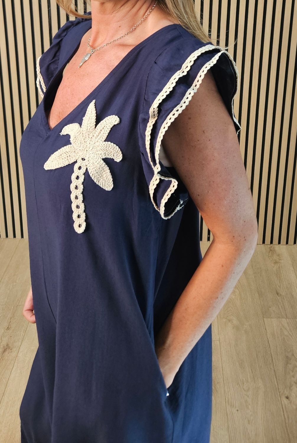 Palm Tree Crochet Detail Wide Leg Jumpsuit – Navy
