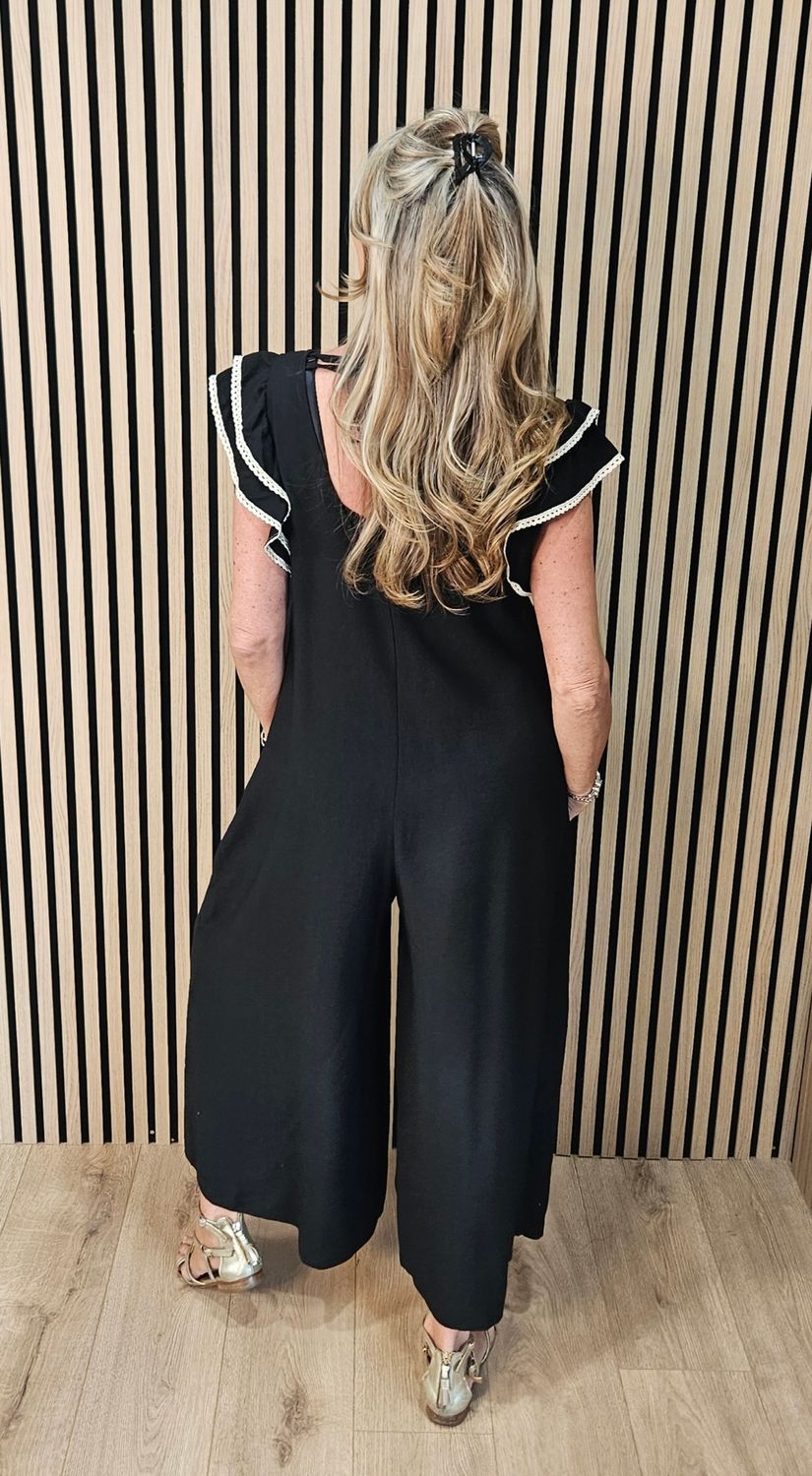 Palm Tree Crochet Detail Wide Leg Jumpsuit – Black